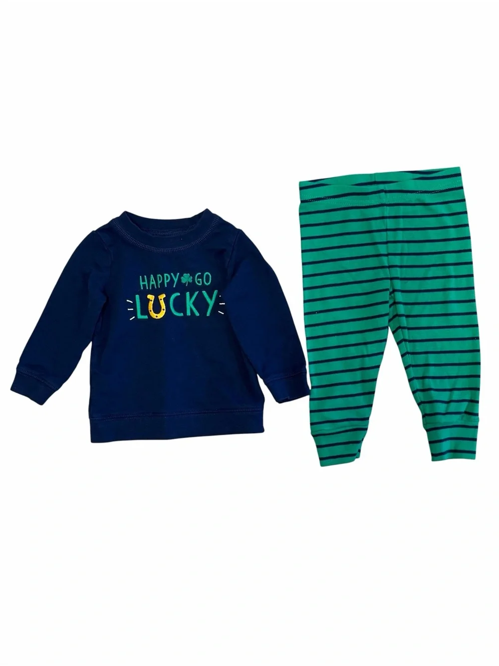 12M St Patrick’s Day 2pc Outfit “Happy Go Lucky” Navy Blue and Green 9-12 Months